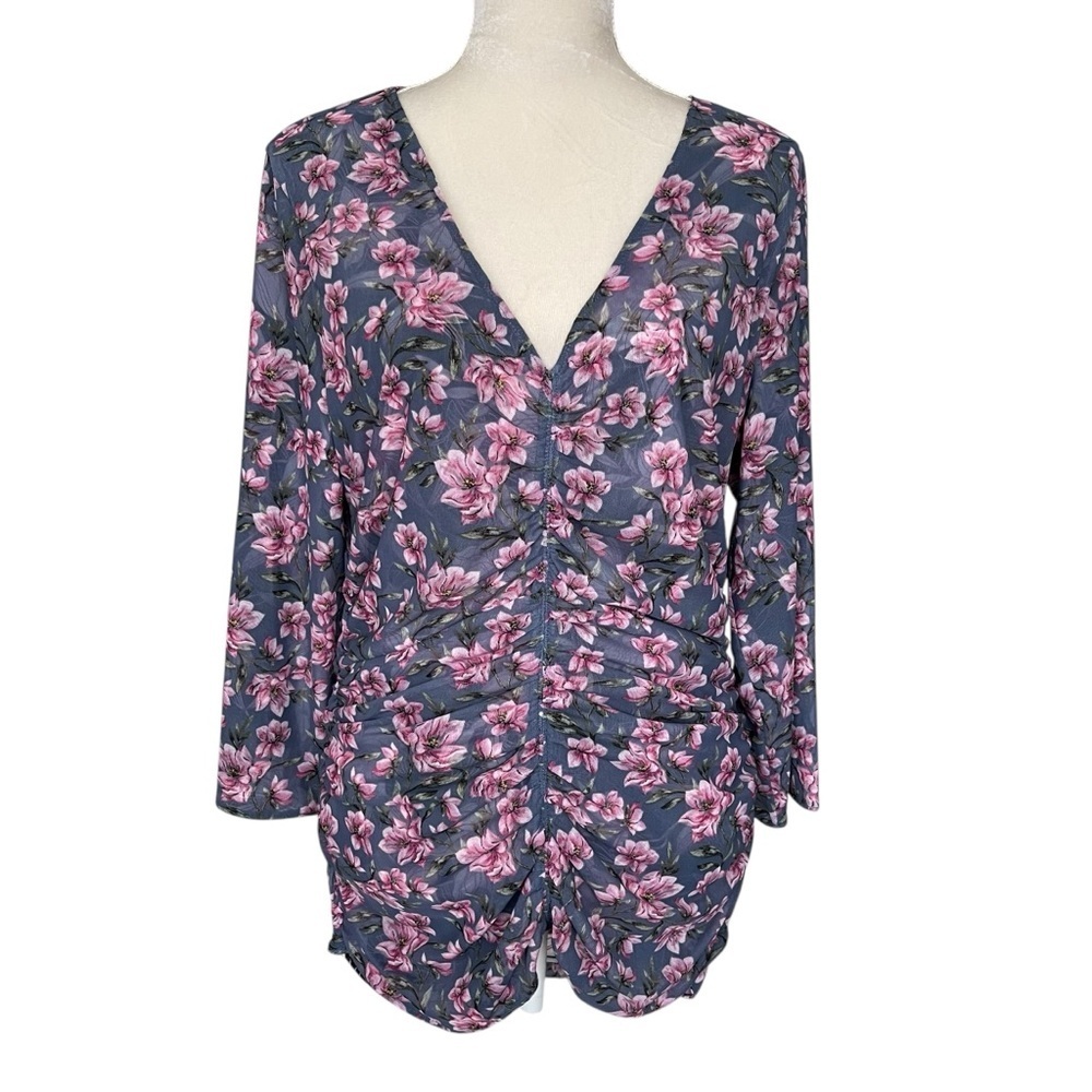 White House Black Market Pink Floral Reversible Mesh Top Women’s Size XL Ruched